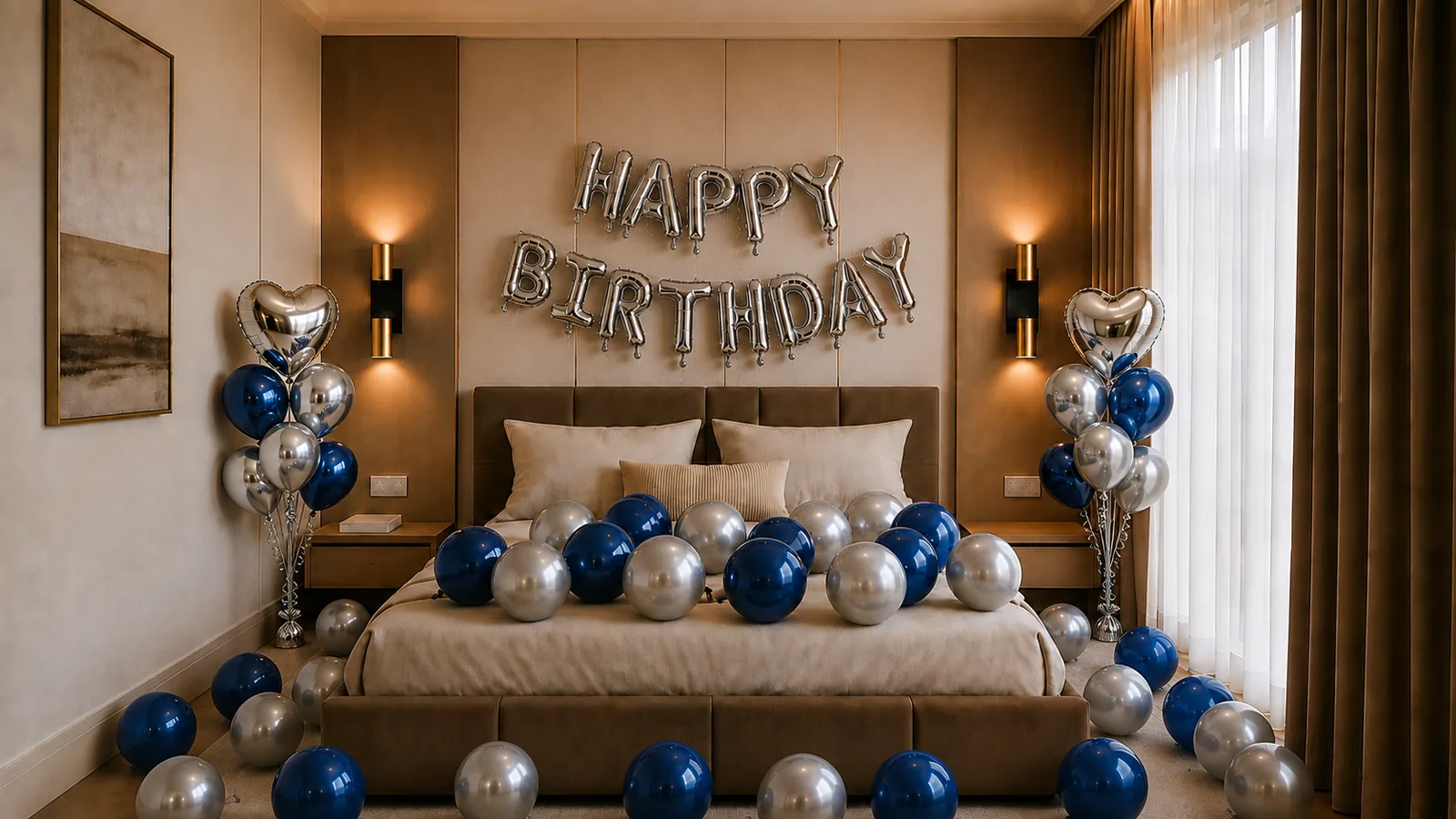 Hotelový pokoj vyzdobený k narozeninám modrými a stříbrnými balónky a nápisem Happy Birthday
