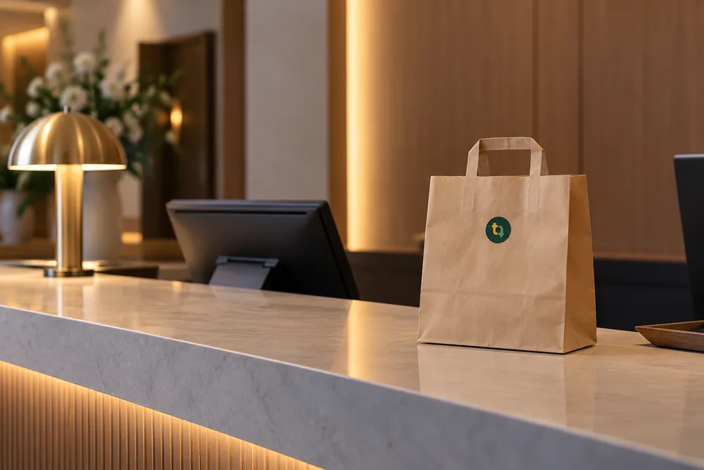 Papírová taška se suvenýry Triply připravená na hotelové recepci